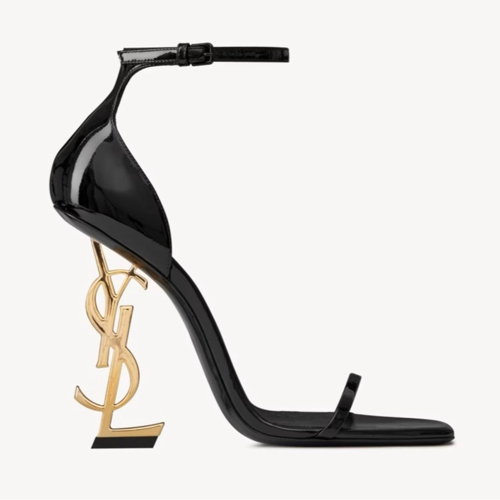 YSL OPYUM 110mm Patent Leather Sandals with Golden Hardware.